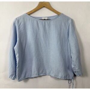 Spirit 100% Linen Top Blue Cropped Boho Drawstring Hem 3/4 Sleeve Lightweight XL